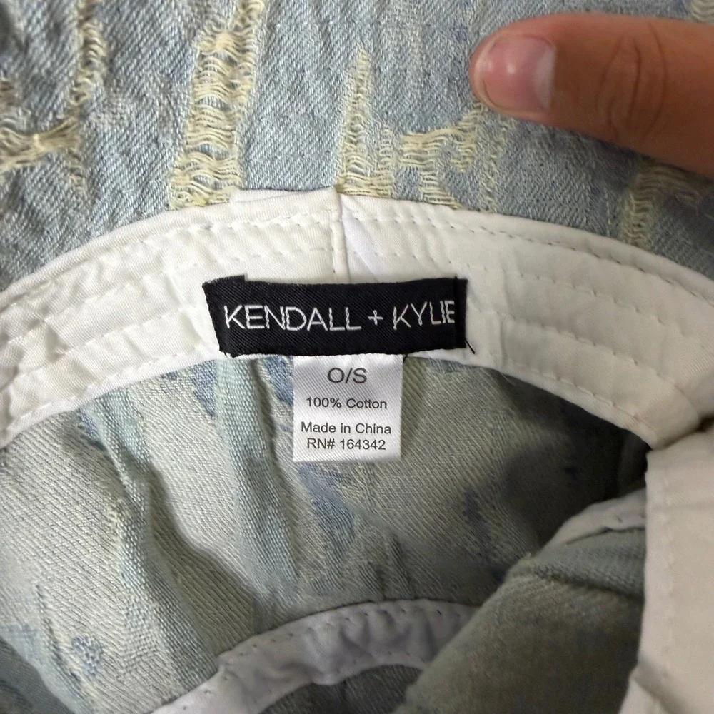 Kendall + Kylie Light Wash Distressed Denim Bucket Hat Pink Logo O/S